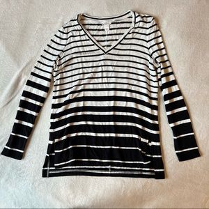 LOFT Outlet Lounge Black And White Striped Vneck Long Sleeve Shirt Loungewear